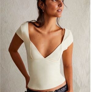 Free People Cream Deep V Cap Sleeve Crop Top